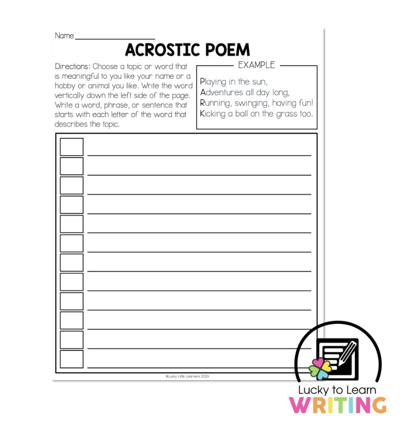 Acrostic poem organizer template for 2nd grade students, designed to help them write poetry by listing a topic or word vertically, with space for creative ideas related to the topic.
